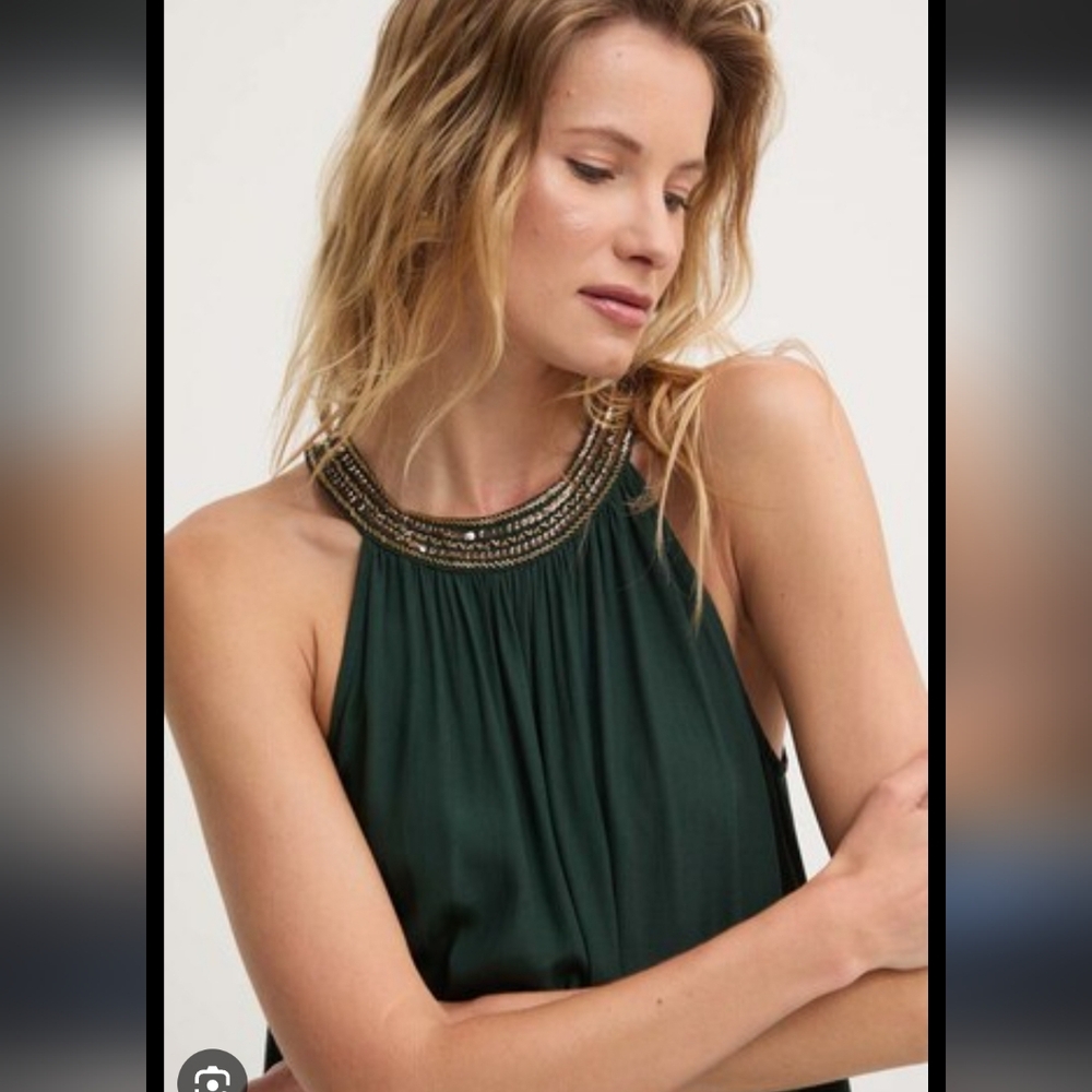 Milk & Honey Elegant Green Halter Top with Beaded Neckline